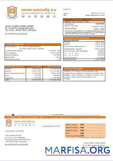 Printable Cambodia Union Commercial bank mortgage statement scr real example